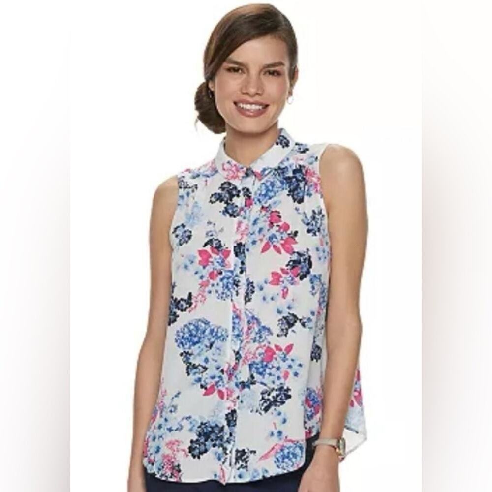 Elle pink blue floral ruffle placket sleeveless button down blouse size XS
 b42
